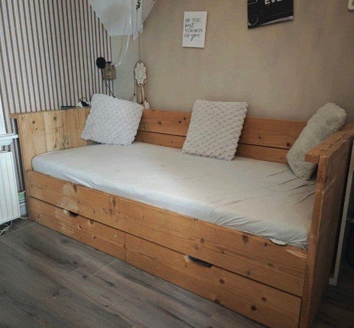 Steigerhouten bed 90x200 cm met opberglades, Ophalen, Gebruikt, 90 cm, Steigerhout