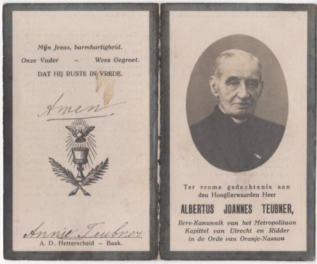 pastoor Albertus Teubner 1836 Brummen +1925 Baak/Bronckhorst, Verzamelen, Bidprentjes en Rouwkaarten, Ophalen of Verzenden