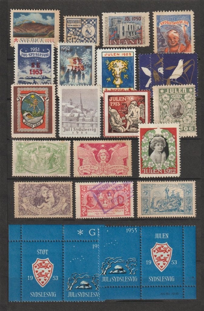 Setje 22 versch. cinderella's Kerst Scandinavie vanaf 1906, Verzenden, Denemarken, Gestempeld