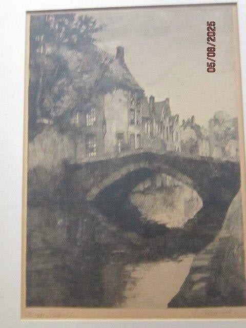 BRUGGE, Mooie zwart-wit ets van de Meebrug van Bartel, Antiek en Kunst, Kunst | Etsen en Gravures, Ophalen of Verzenden, Architectuur