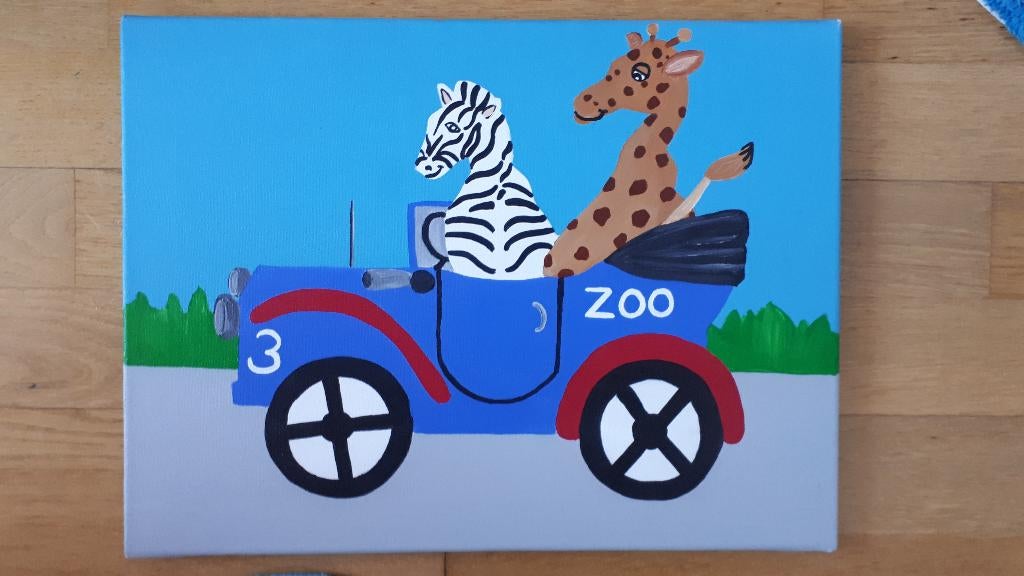 Canvas kinderschilderij zebra en giraffe in auto, Ophalen, Gebruikt, Wanddecoratie