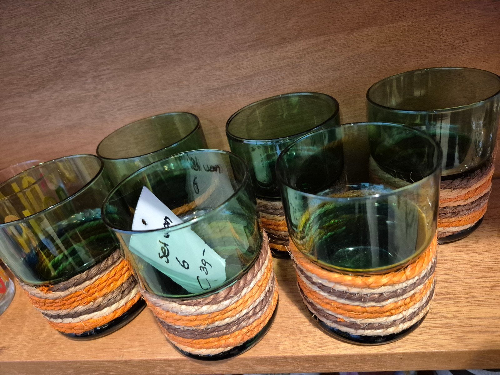 Set van 6 Groene Glazen met Gevlochten Basis, Ophalen of Verzenden, Zo goed als nieuw, Overige merken, Groen