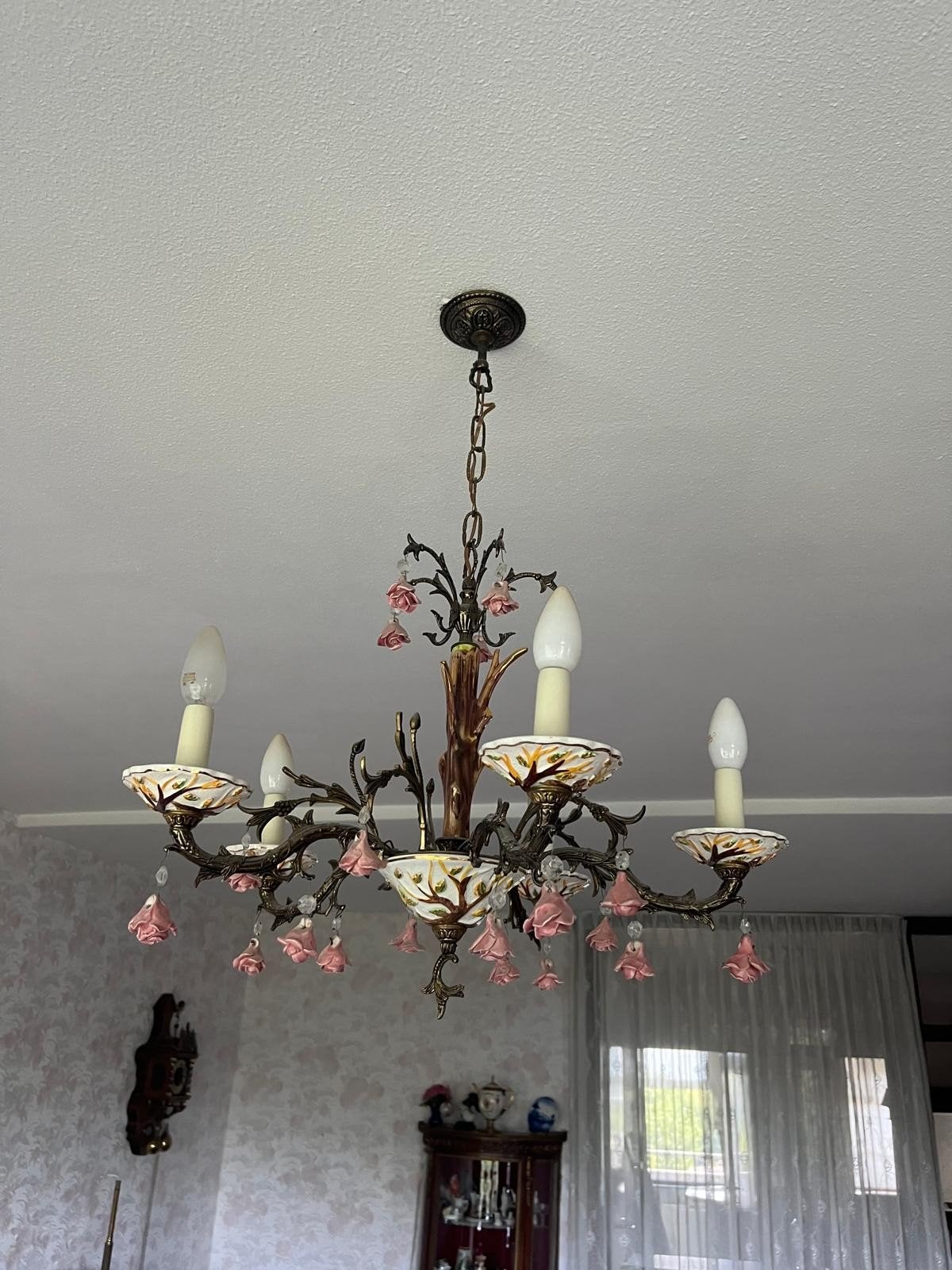 Brocante kroonluchter met roze bloemen en 5 lichtpunten, Ophalen
