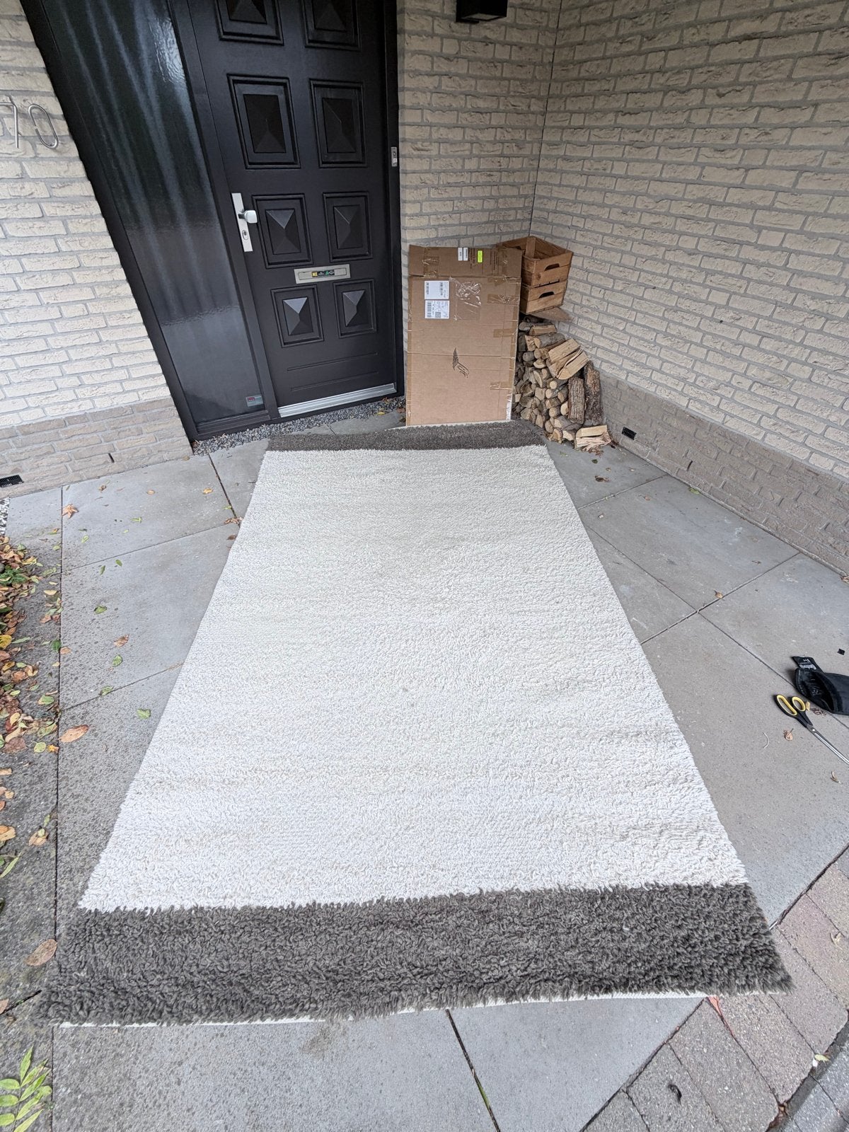 Zacht wollen vloerkleed - Crème met beuine  rand, Gebruikt, 150 tot 200 cm, 200 cm of meer, Ophalen of Verzenden