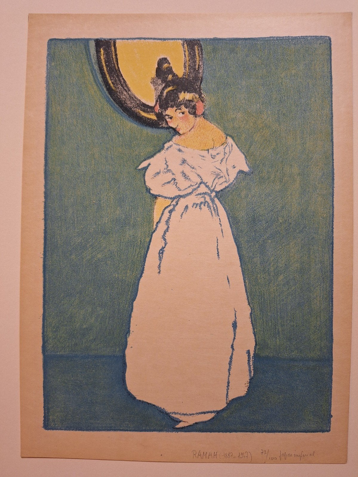 Lithografie door Ramaekers - Vrouw in witte jurk, 1800 - 1899, Genummerd, Portret, Ophalen of Verzenden