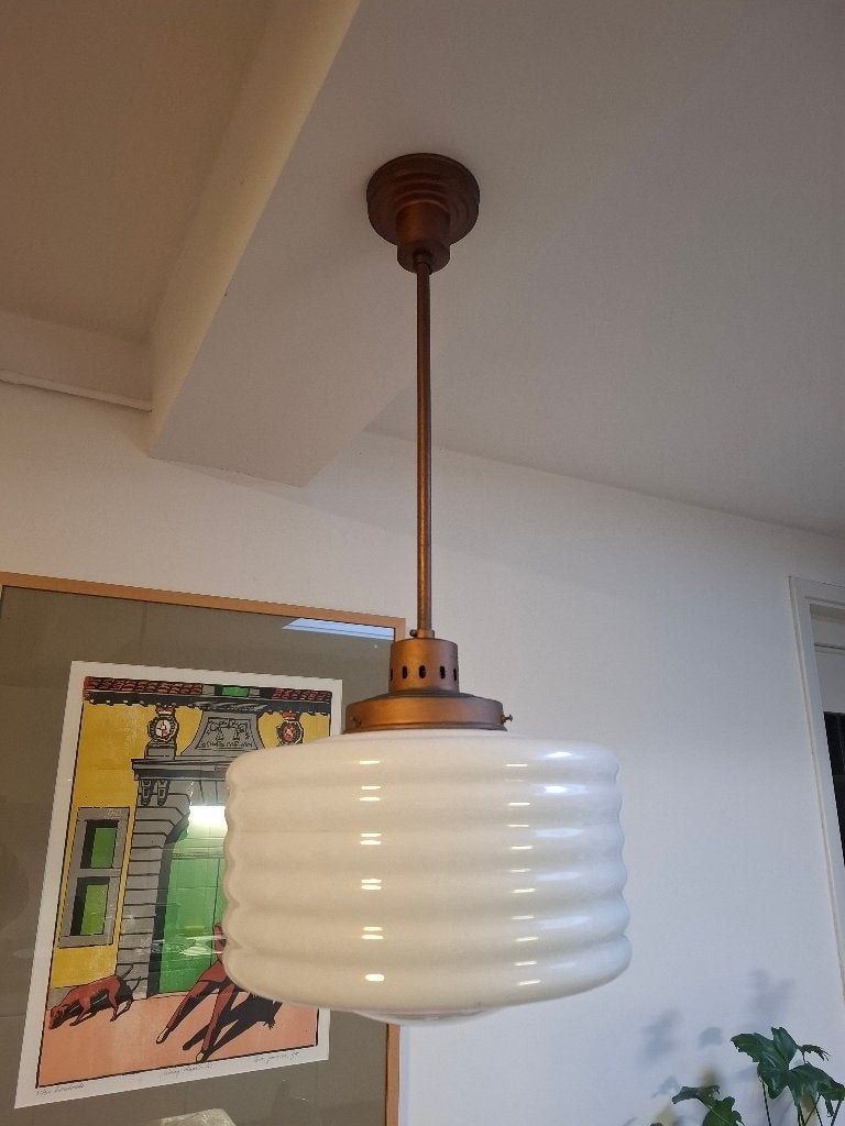 Fraaie art deco hanglamp, hallamp, plafondlamp, melkglas, Ophalen, Gebruikt, Plafondlamp, Glas