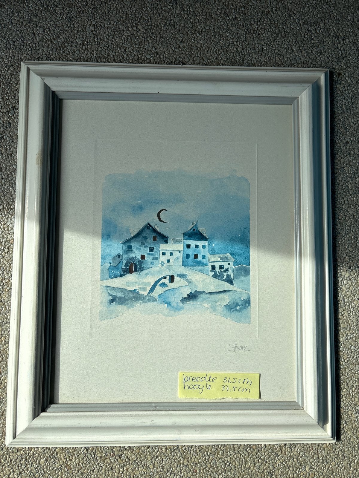 Ingelijste aquarel van winterlandschap met huizen, Ophalen of Verzenden, Tekening, Aquarel, Gesigneerd