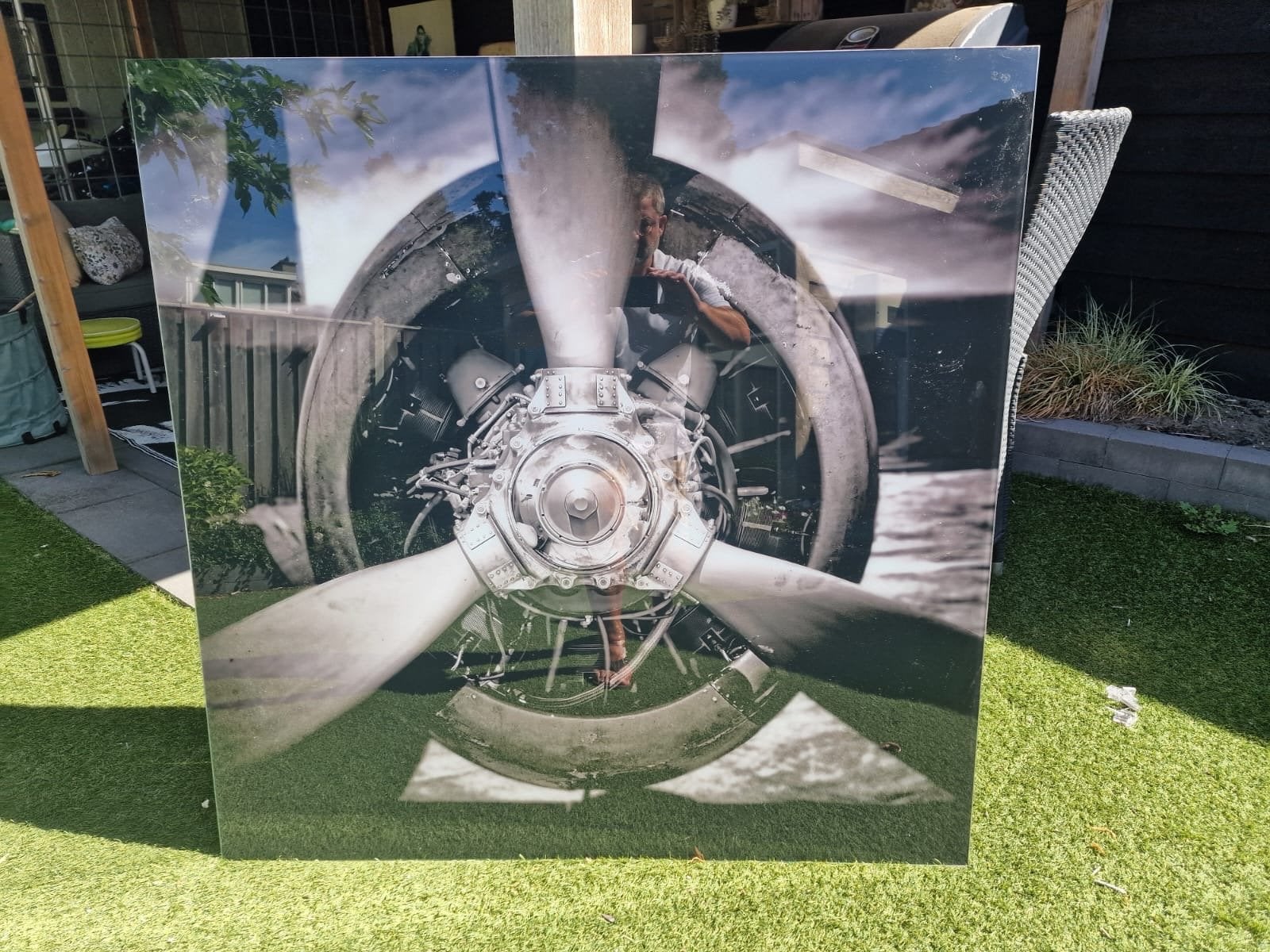 Grote glasschilderij van  vliegtuigpropeller, 120x120, Ophalen, Zo goed als nieuw