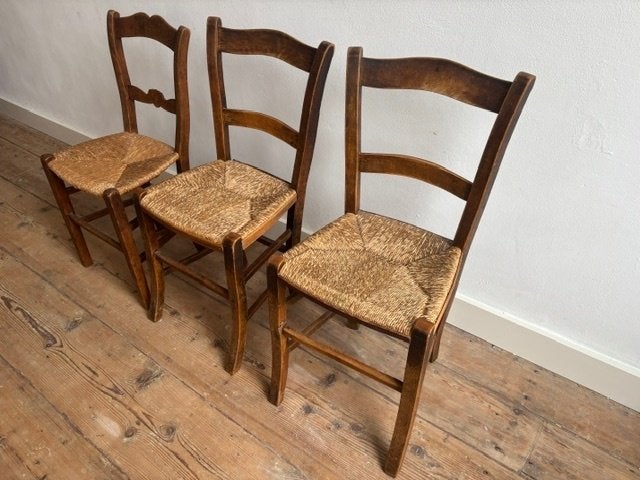 3 oud-Hollandse keukenstoelen met biezen zitting, Ophalen, Gebruikt, Boeren, Hout