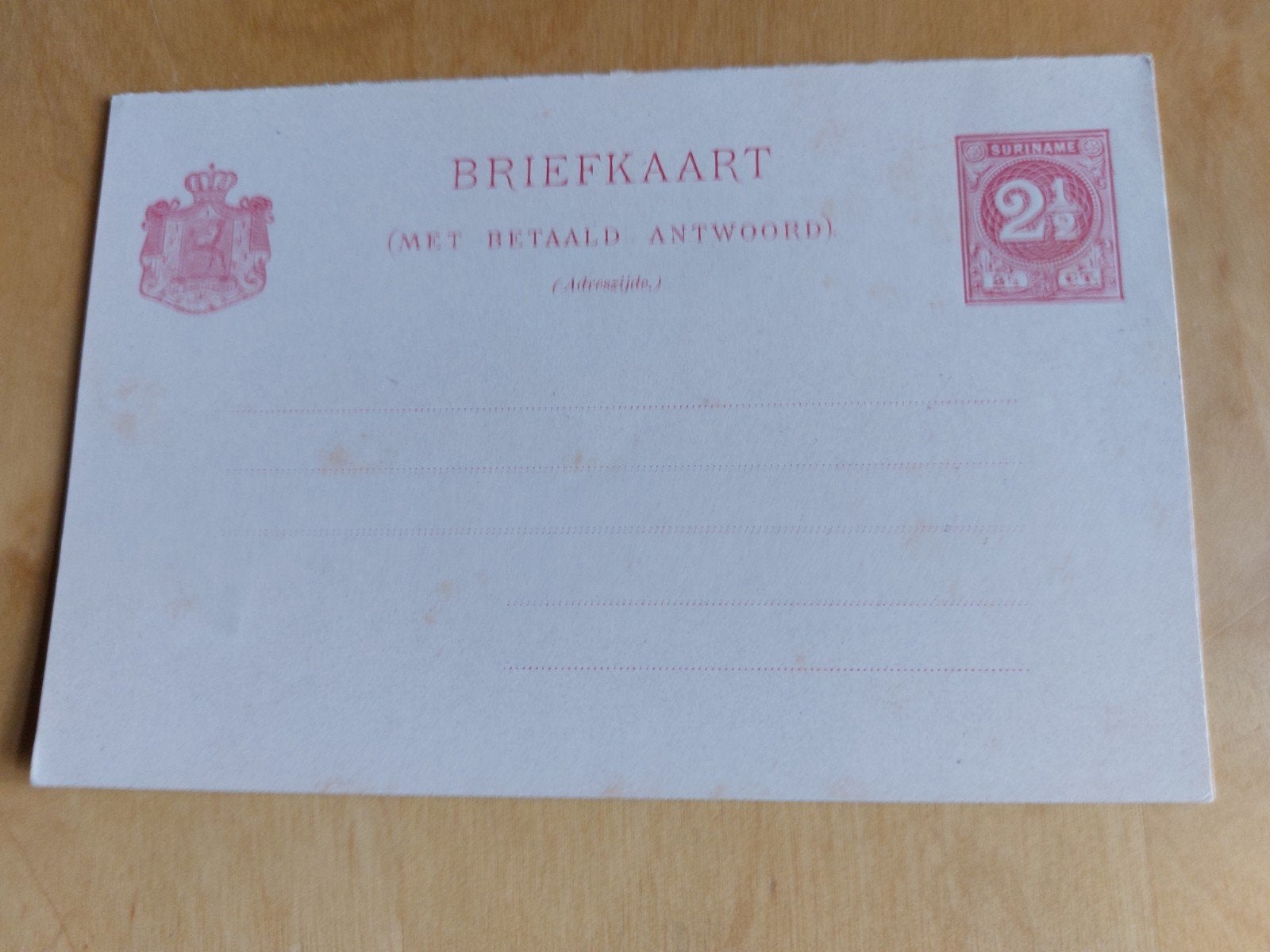 Oude briefkaart Suriname 2 1/2 cent (met betaald antwoord), Postzegels en Munten, Ophalen of Verzenden