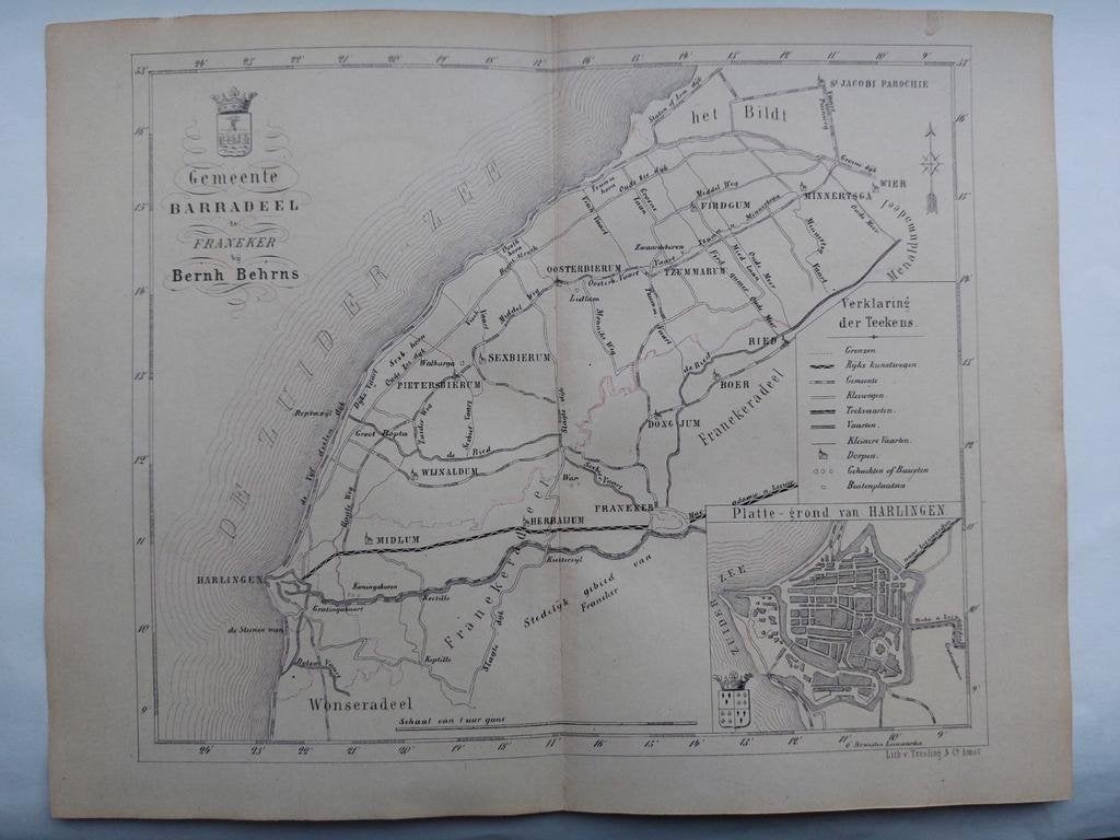 9 / Barradeel Friesland met oa Franeker Zeldzame litho 1861, Ophalen of Verzenden