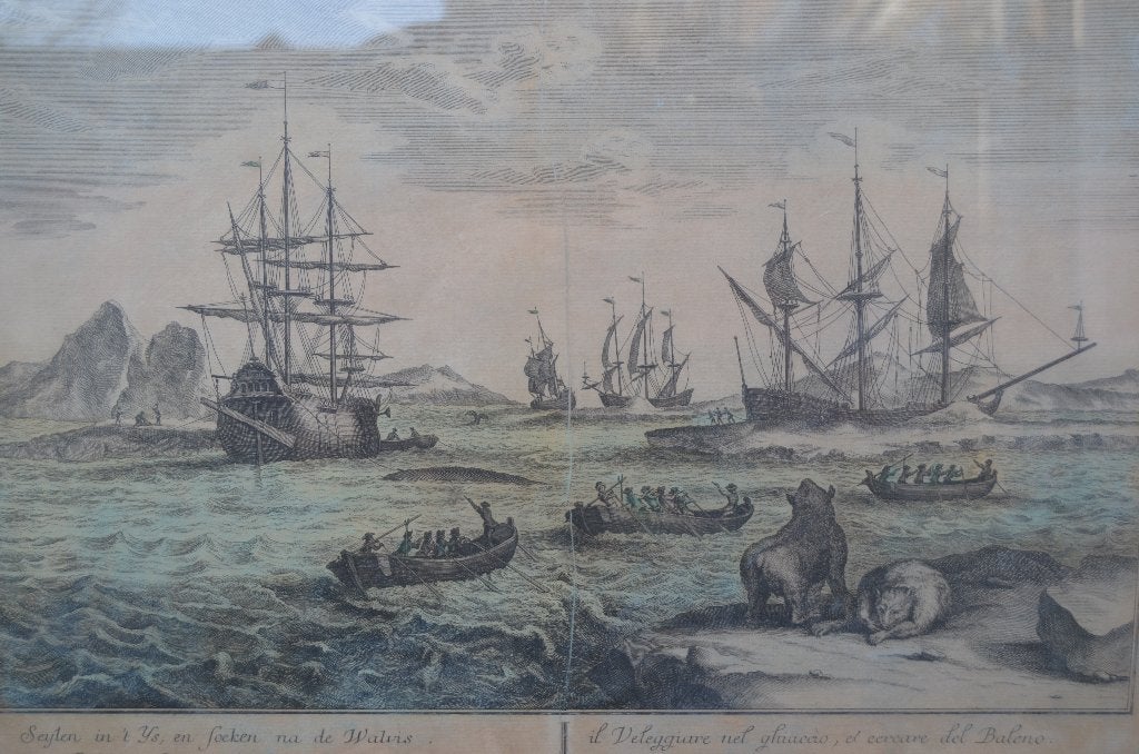 Nederlandse opticaprent 'Walvisvaart/vangst', Antiek en Kunst, Dagelijks leven, Gravure, Met tekst, 58 cm