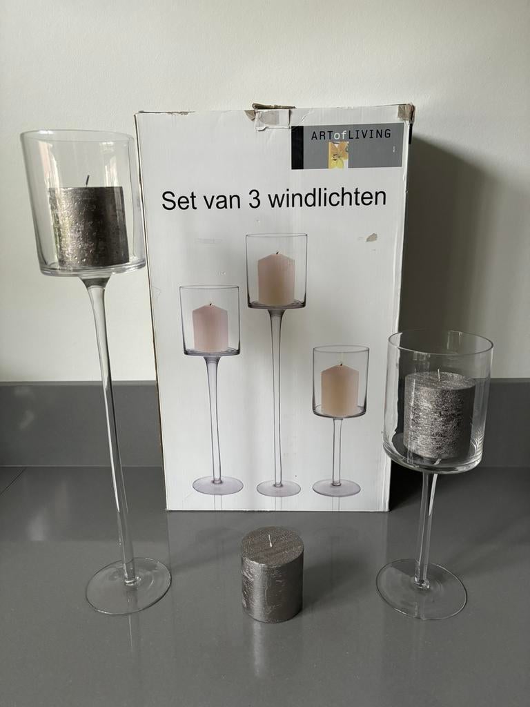2 glazen windlichten / kandelaars Art of Living., Huis en Inrichting, Overige materialen, Overige kleuren, 25 tot 50 cm, Ophalen of Verzenden