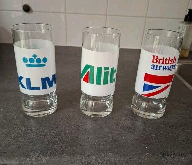Set van 3 vintage luchtvaart glazen (KLM, Alitalia, British, Ophalen of Verzenden, Meerkleurig, Overige merken, Glas