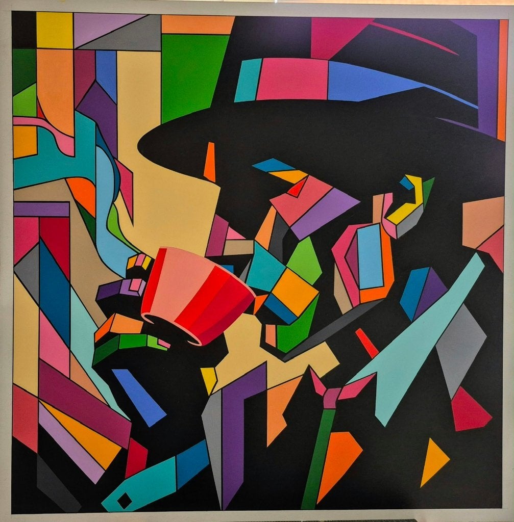 Schilderij Franklin van Dam - Geometrische Man met Koffie, Abstract, Acrylverf, Hout, Handgeschilderd