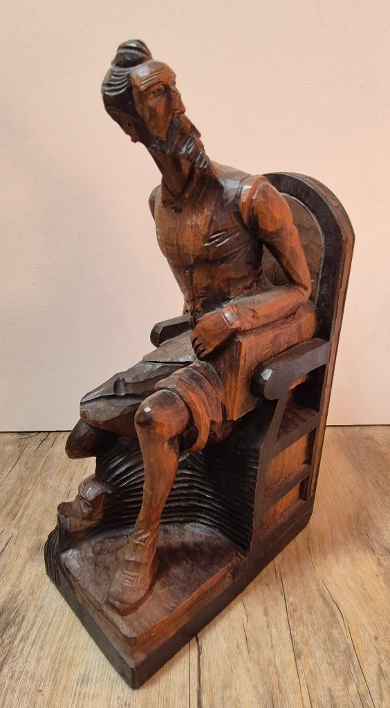 Antieke handgesneden boekensteun Don Quichot, Antiek en Kunst, Houtsnijwerk, Ophalen of Verzenden, Handgemaakt, 20 - 50 cm