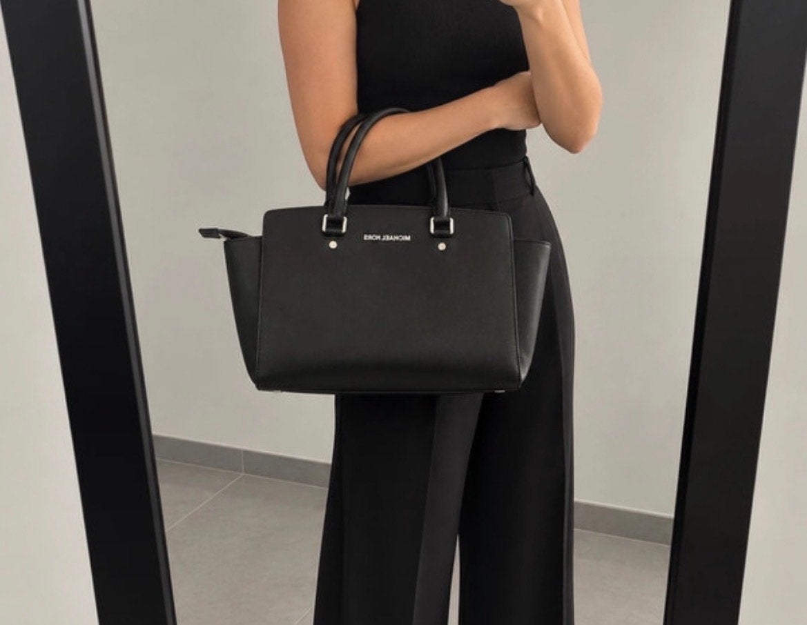 Michael Kors Selma Medium Satchel Zwart Saffianoleer, Ophalen of Verzenden, Zo goed als nieuw, Zwart, Handtas