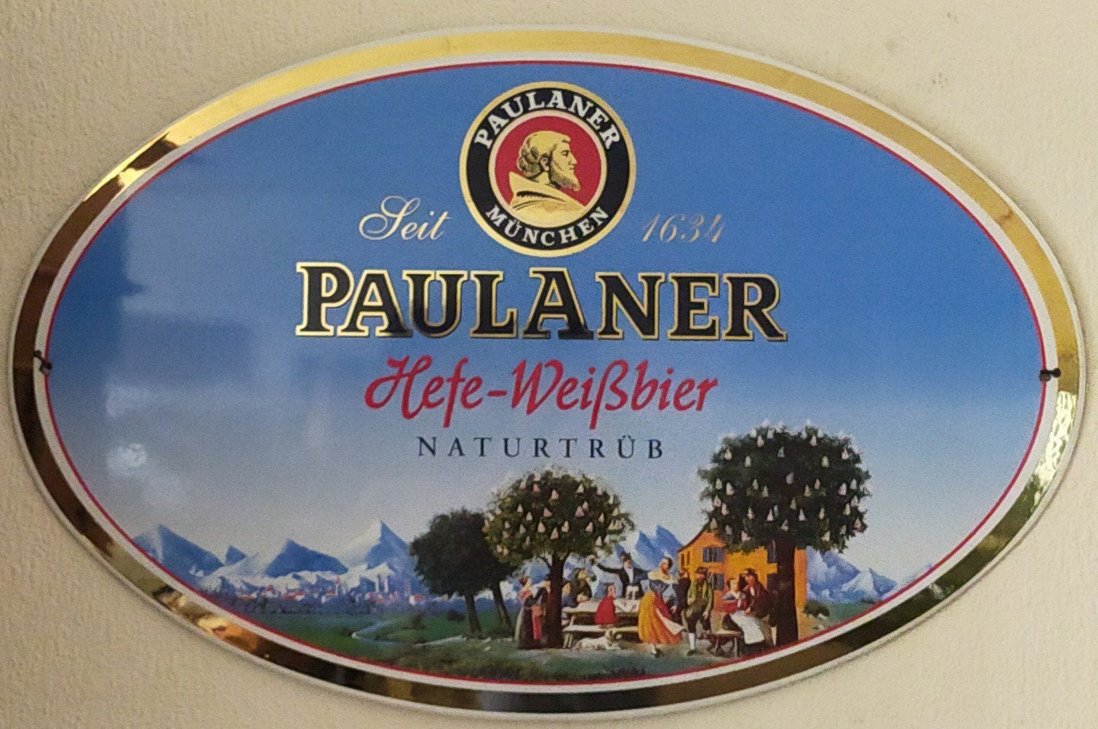 Emaille bier reclamebord Paulaner München 53 x 34.5 cm, Ophalen of Verzenden, Zo goed als nieuw, Reclamebord, Plaat of Schild
