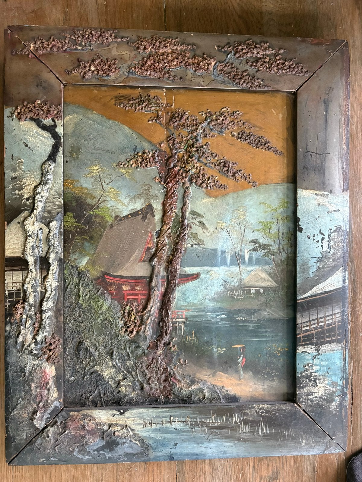 Oud Japans Landschap Schilderij met Reliëf, Paneel, Ophalen of Verzenden, Landschap, Olieverf