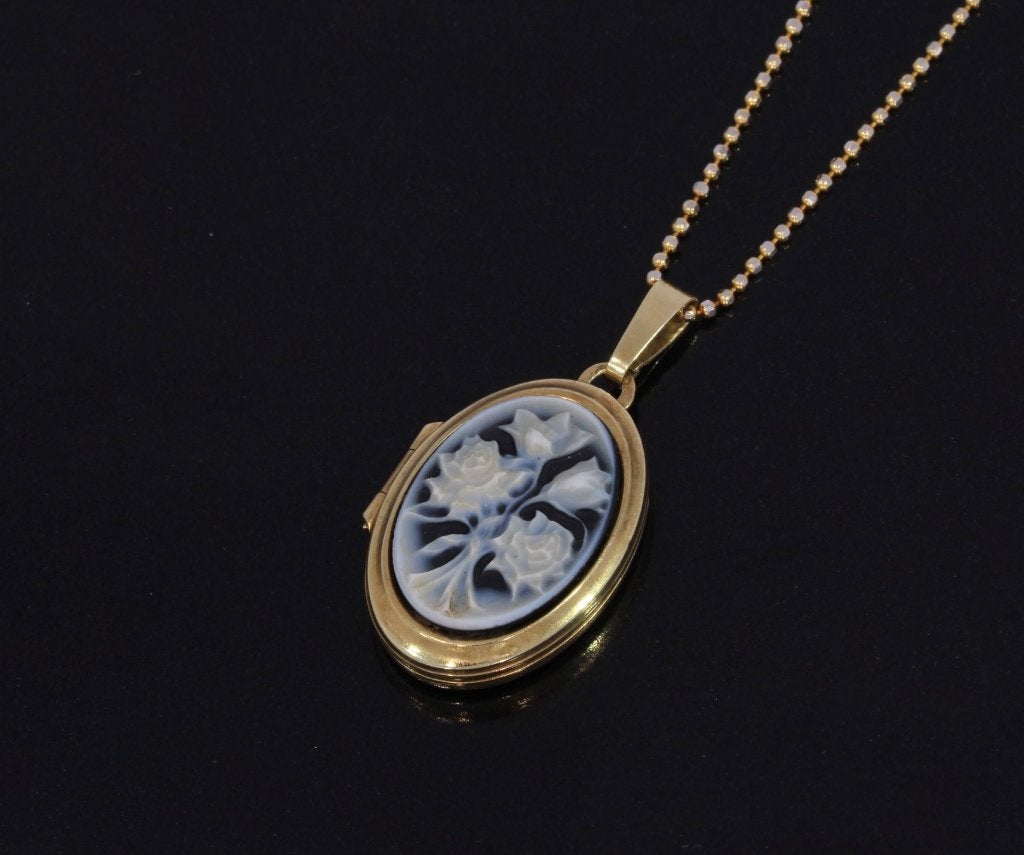 Foto medaillon 14k goud ketting hanger blauwe camee antiek, Verzenden, Goud, Hanger, Met edelsteen
