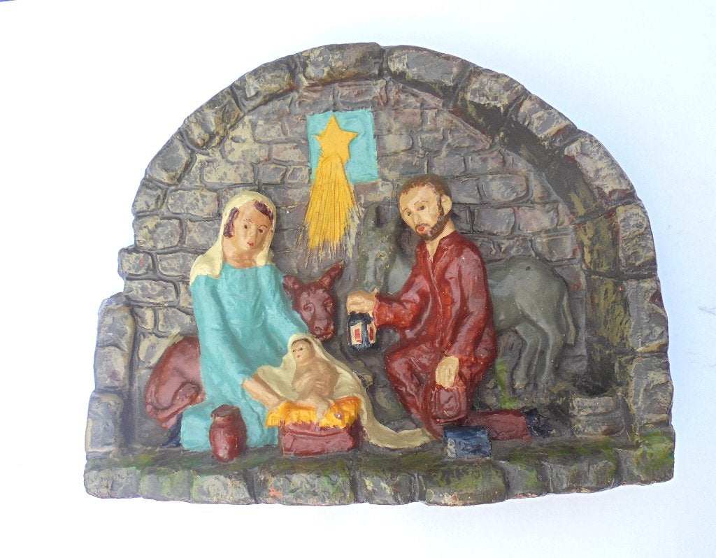 Oude schilderde en geglazuurde keramiek KERSTGROEP gesigneer, Diversen, Kerst, Ophalen of Verzenden, Gebruikt