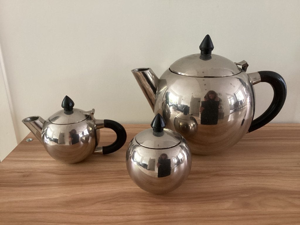 Dubbelwandige rvs design theepot en roomstel kannetje potje, Overige materialen, Gebruikt, Overige typen, Ophalen of Verzenden