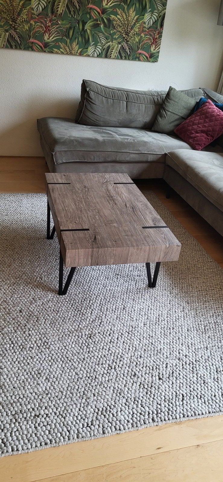 Industriële salontafel, grijs houtlook., Huis en Inrichting, Gebruikt, 100 tot 150 cm, 50 tot 100 cm, Industrieel