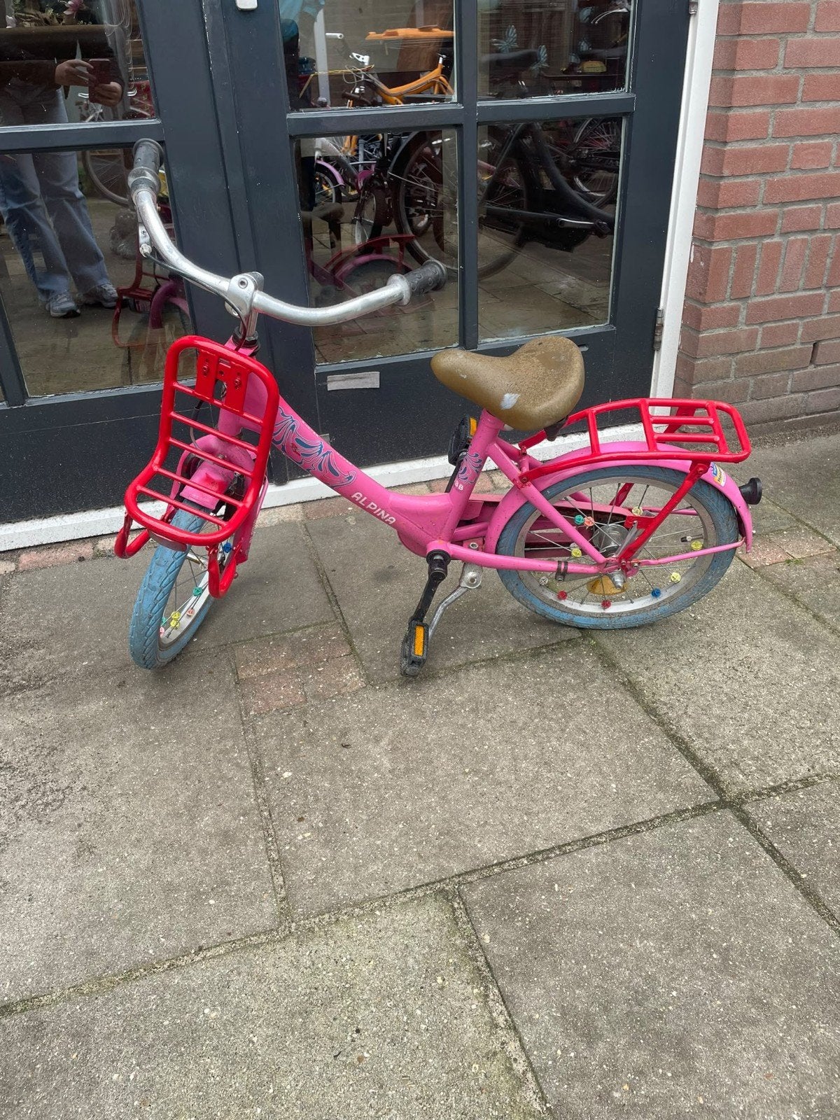 Leuke alpina kinderfiets roze met mandje 16 inch, Ophalen, Gebruikt, Terugtraprem, Alpina