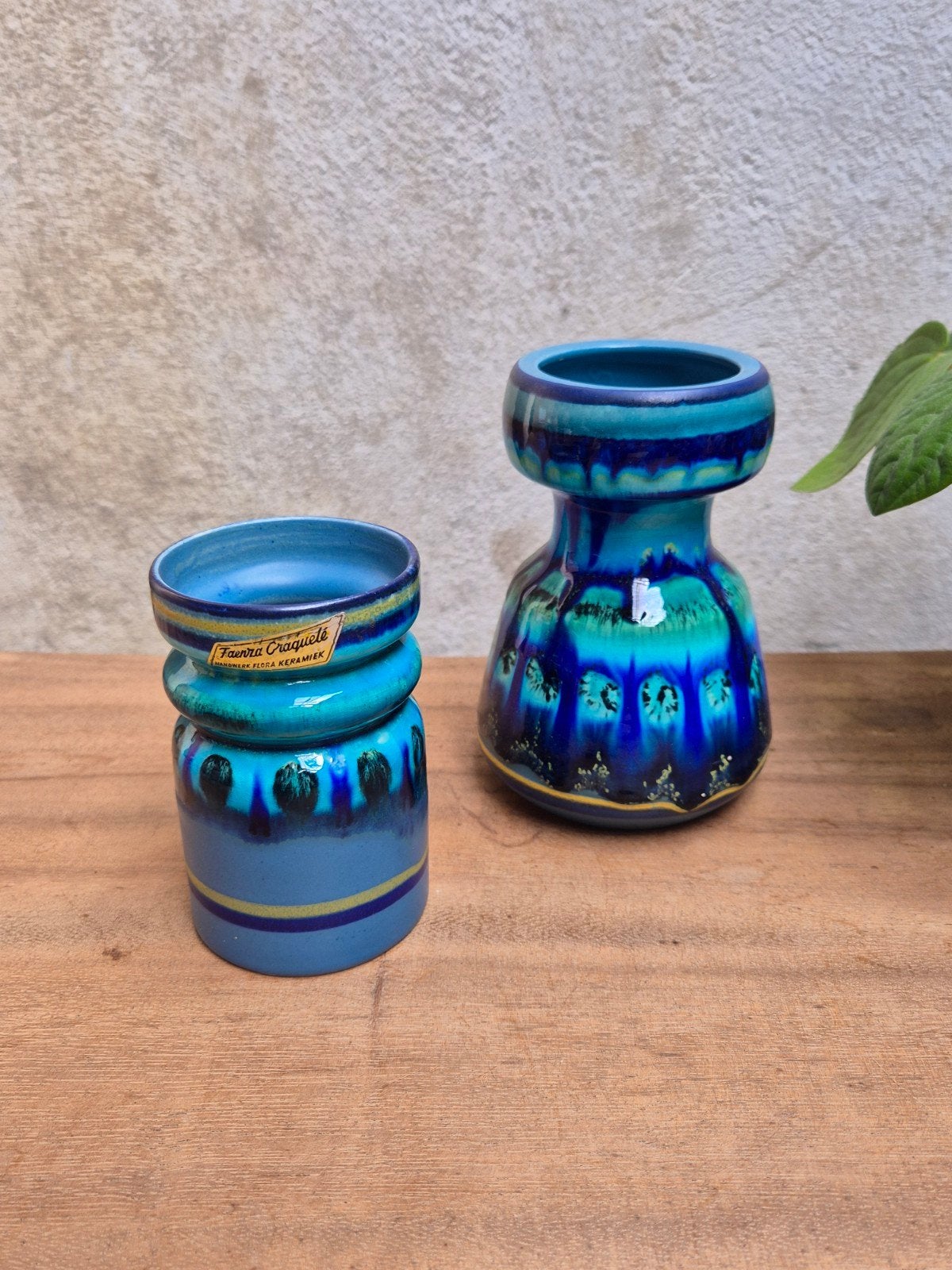 Vintage Faenza Craquelé Flora Keramiek Vaasje - Blauw/Groen, Ophalen of Verzenden