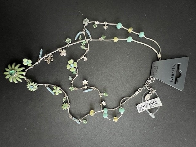 Pilgrim Daisy Dubbele Ketting - Zilverkleur & Pastelgroen, Overige materialen, Verzenden, Nieuw, Met kristal