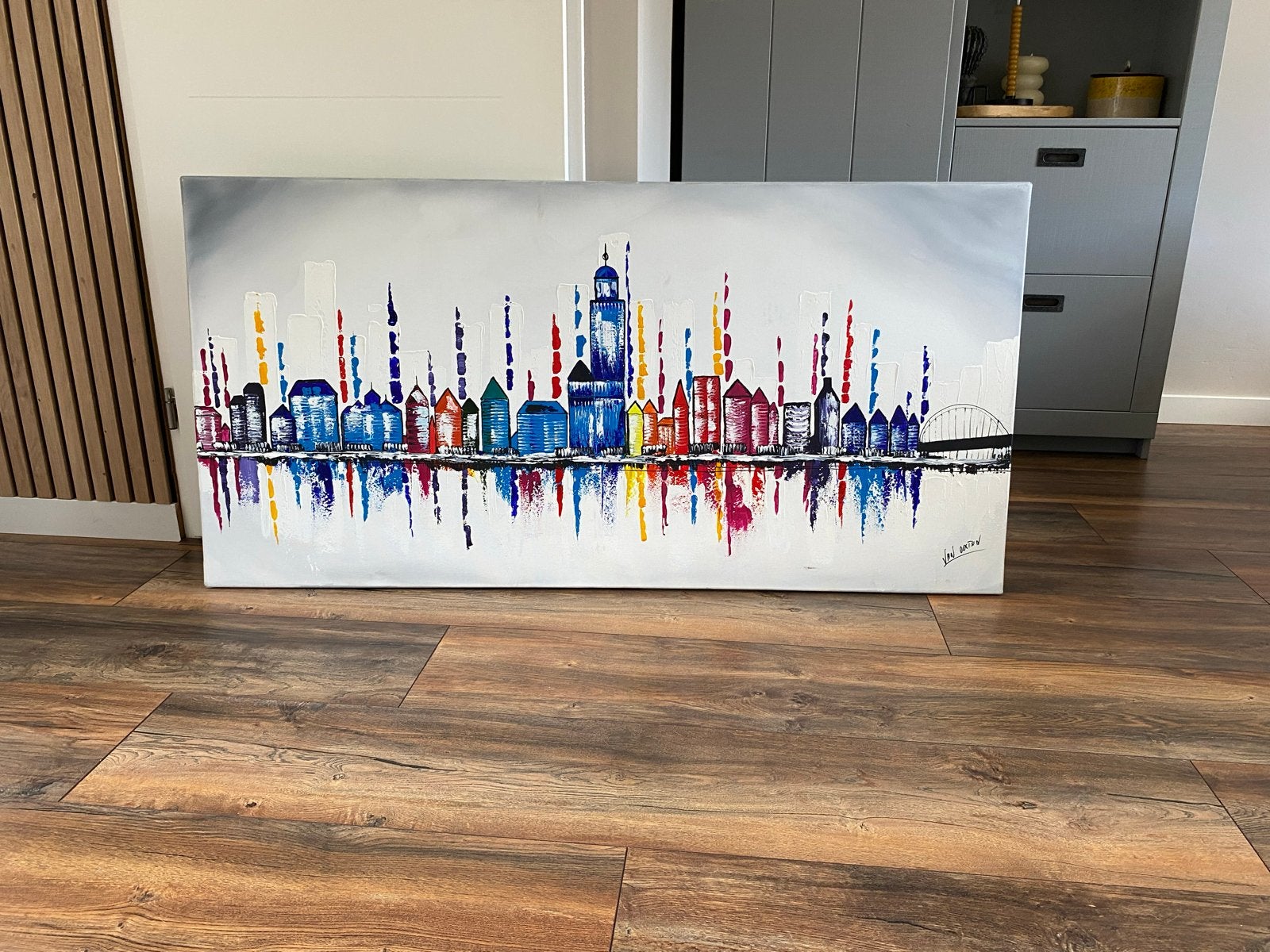 Kleurrijk Stadsgezicht Deventer - Modern Schilderij, Ophalen, Acrylverf, Met textuur, Stadsgezicht