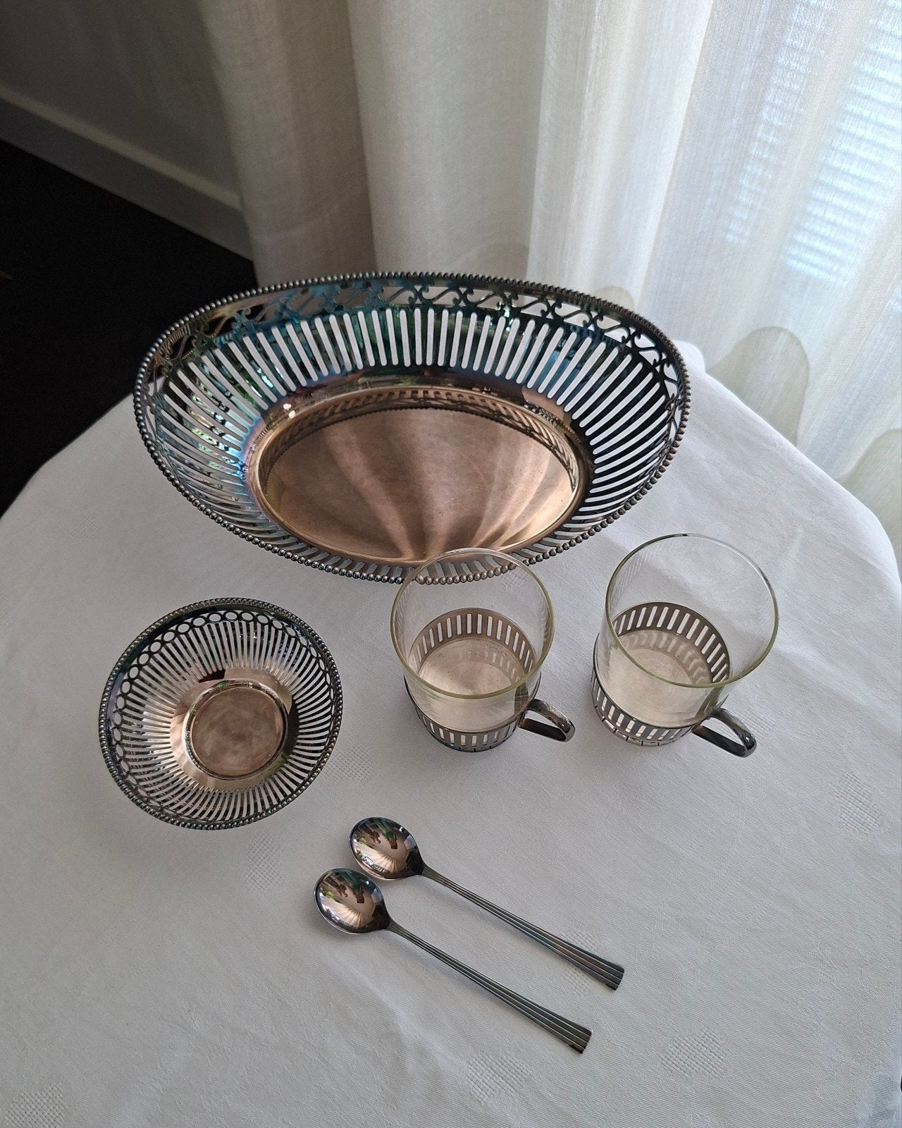 Antiek verzilverd theeservies en schaaltjes HH90, Antiek en Kunst, Antiek | Goud en Zilver, Ophalen, Zilver