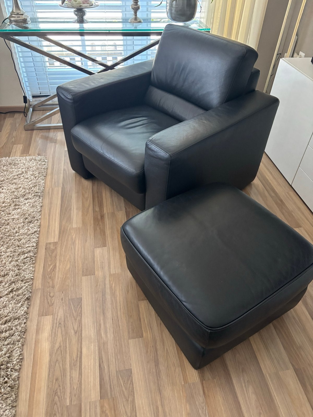 Leren fauteuil met poef - Zwart, Huis en Inrichting, Ophalen, Gebruikt, Leer