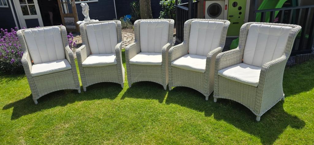 5x BuitenHof rond Wicker Tuinstoelen met Kussens, Tuin en Terras, Tuinstoelen, Ophalen, Zo goed als nieuw, Wicker