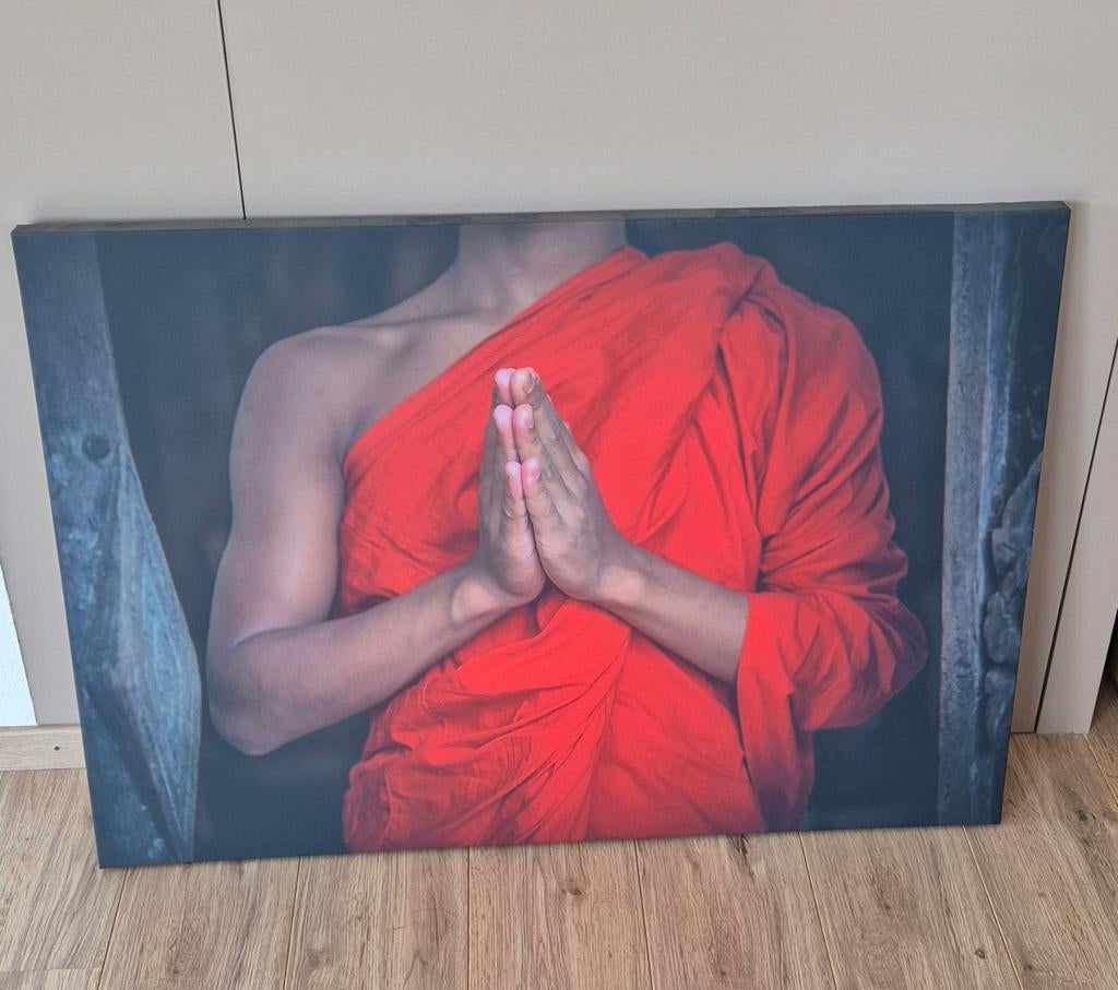 Mooi canvas doek Boeddha 100x70 cm met ophanghaakjes, Ophalen, Zo goed als nieuw, Schilderij, 75 cm of meer