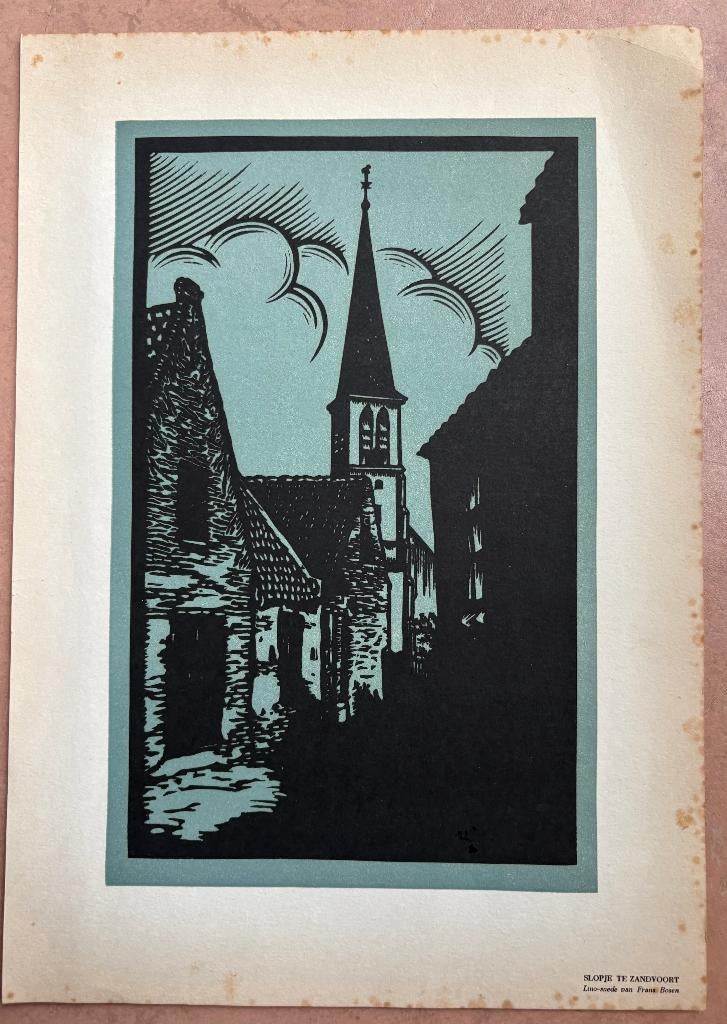Frans Bosen - 'Slopje te Zandvoort' (lino-snede), Overige technieken, 19 cm, 29 cm, Ophalen of Verzenden
