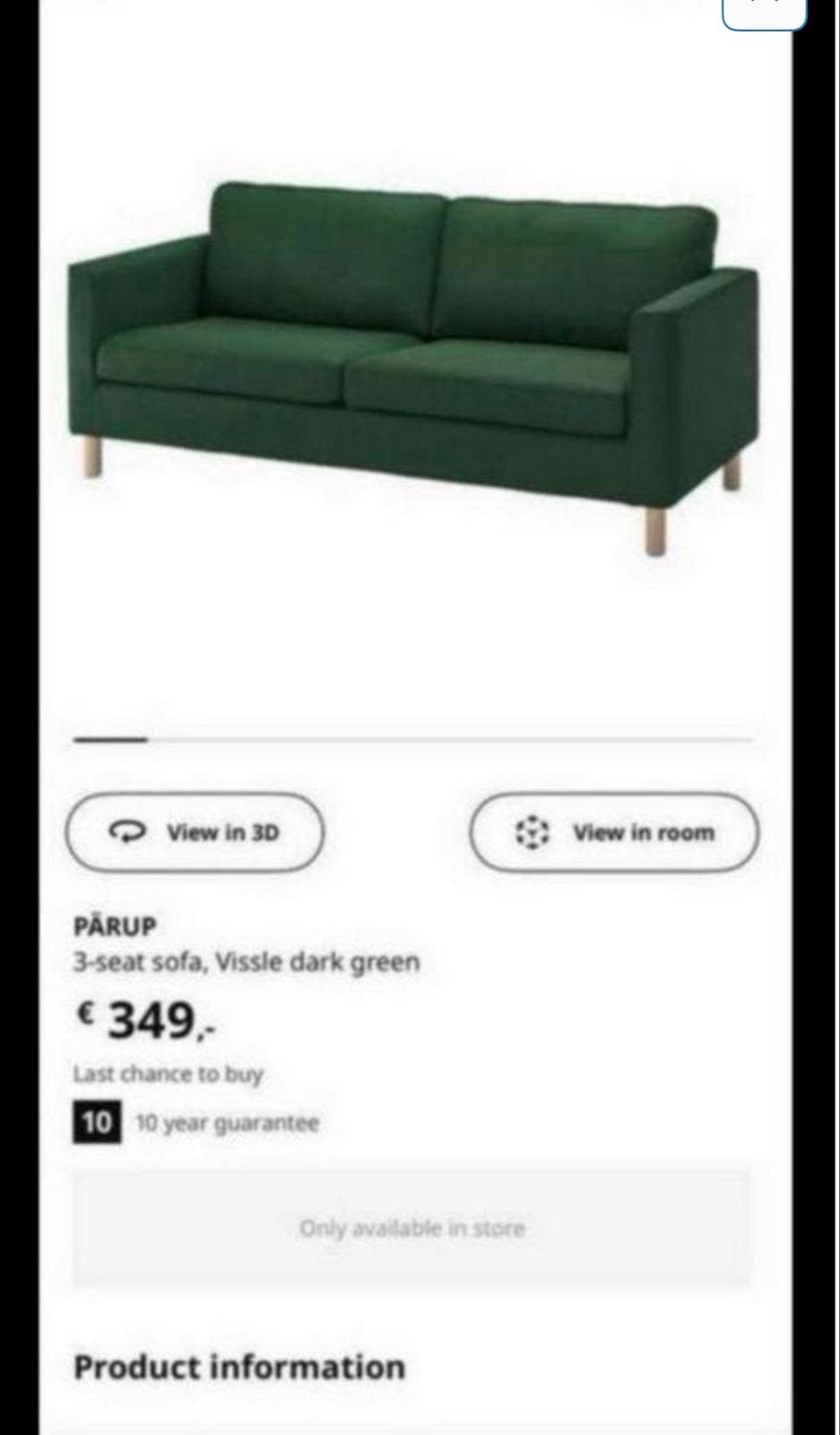 IKEA PÄRUP 3-zitsbank Vissle donkergroen, Ophalen, Gebruikt, Driepersoons, 75 tot 100 cm