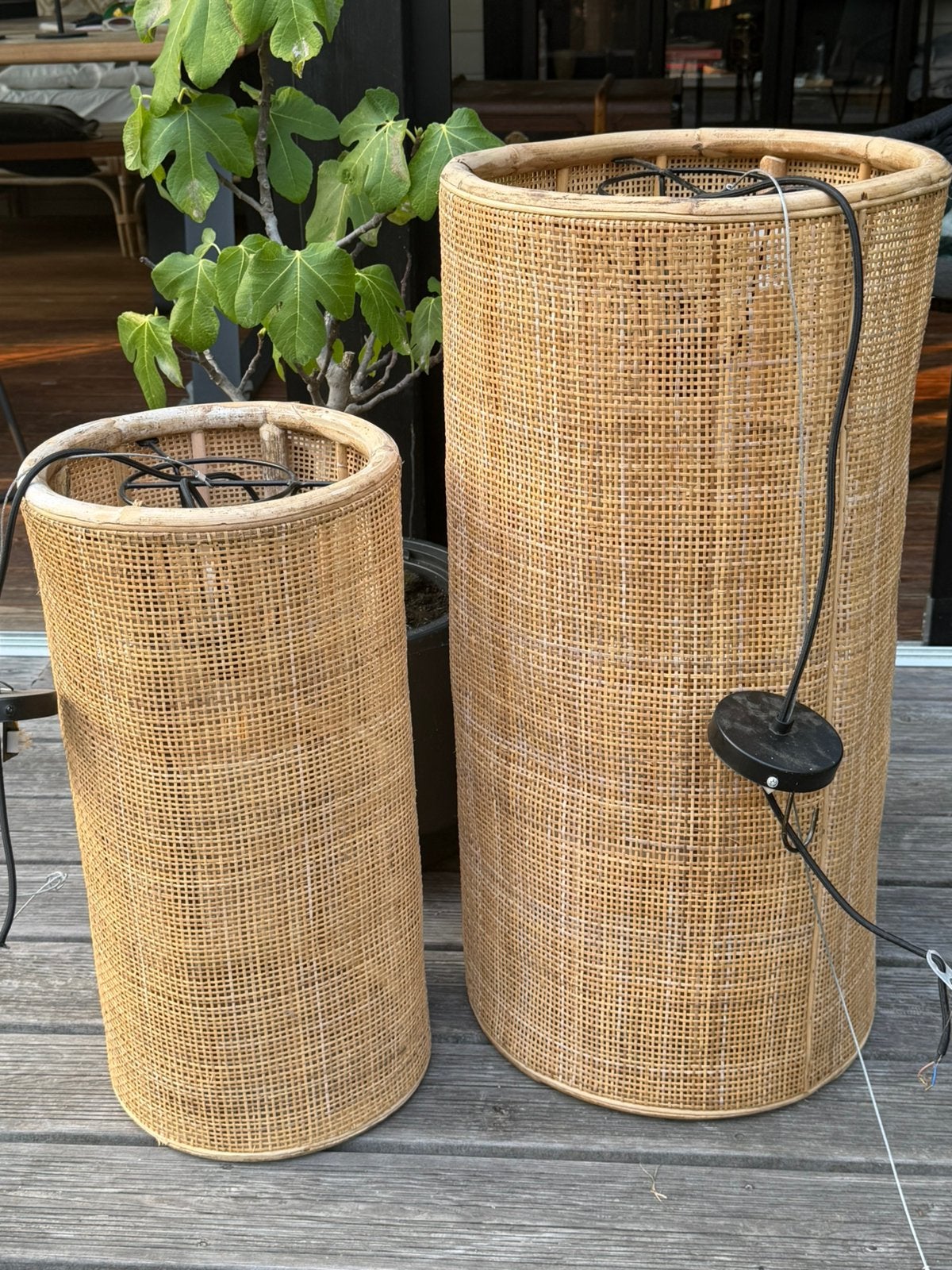 2 Rotan Cilinder Hanglampen Riet Groot Rieten Lampenkappen, Ophalen, Zo goed als nieuw