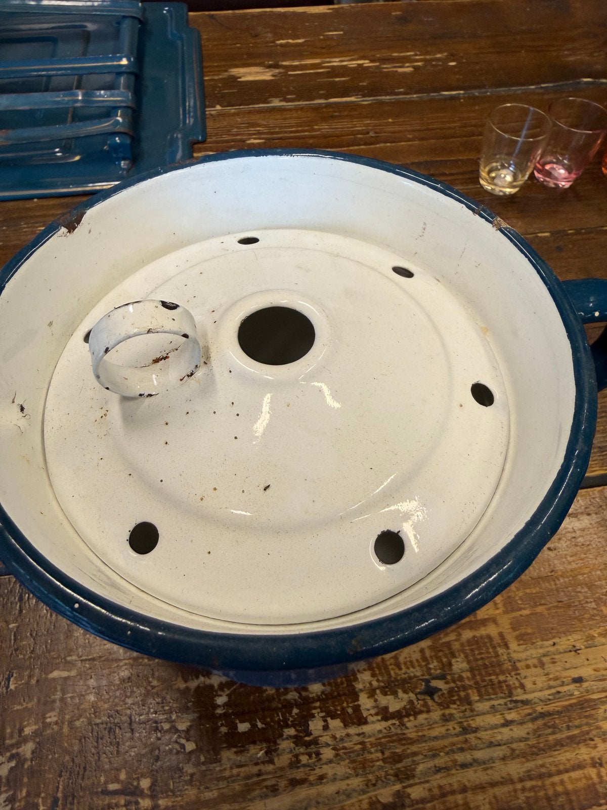 Melk opschuimer emaille petrol blauw, Antiek en Kunst, Antiek | Emaille, Ophalen of Verzenden