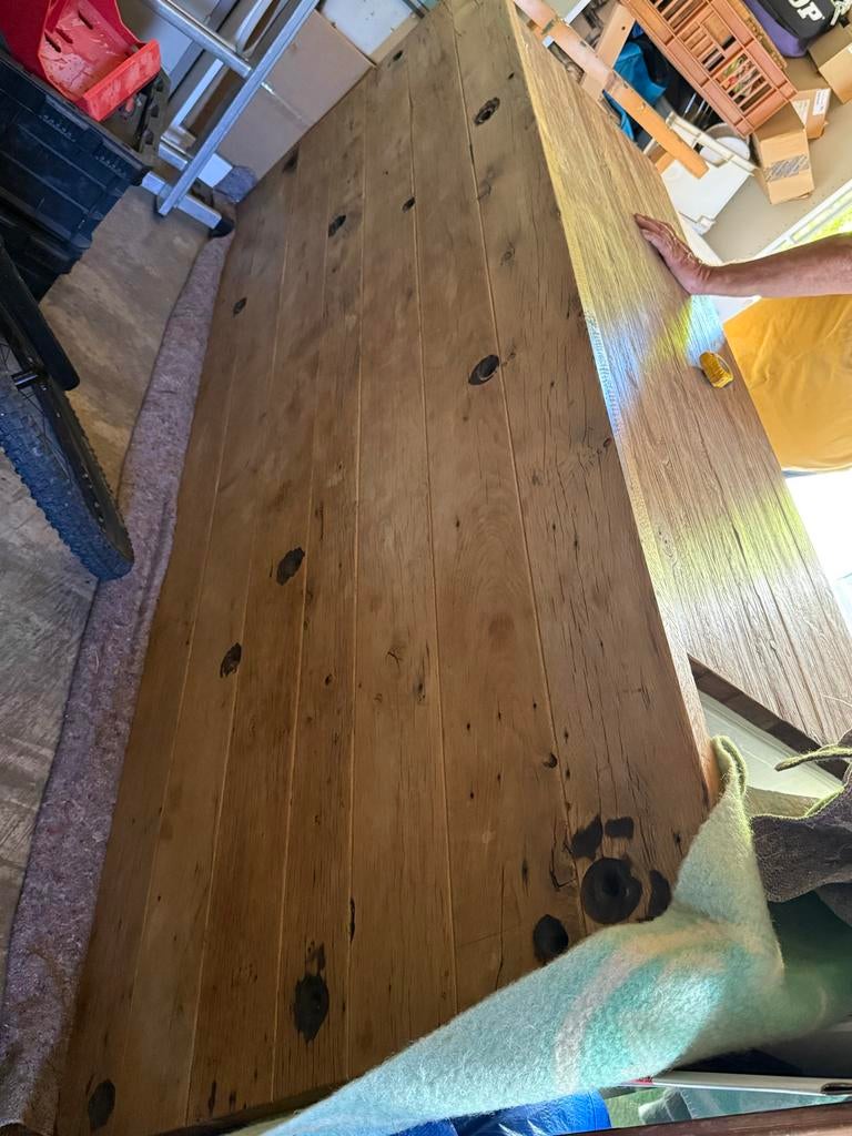 Robuuste eetkamertafel wagonplanken, stalen kokerpoten, Huis en Inrichting, Tafels | Eettafels, Ophalen, Gebruikt, 200 cm of meer