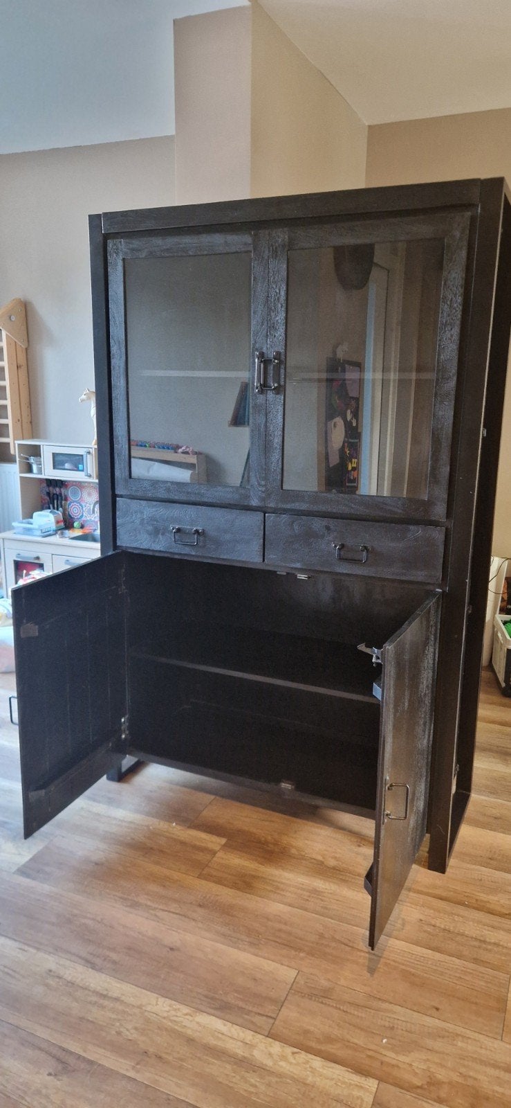 Foto 5 van Mangohout Antraciet/Zwart Kast met Stalen Frame en Glas