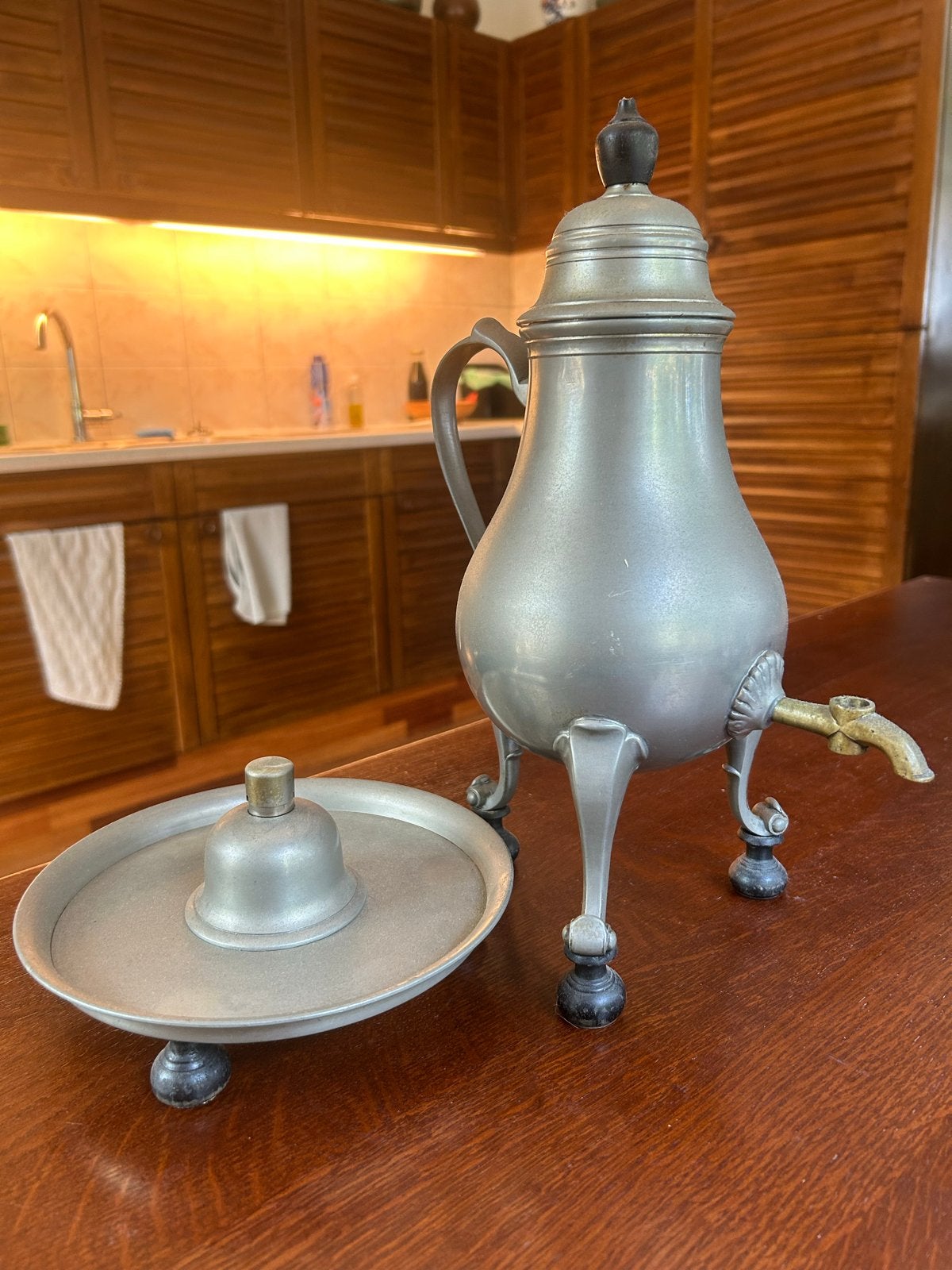 Antieke tinnen koffiekan met kraan en brander, Antiek en Kunst, Ophalen