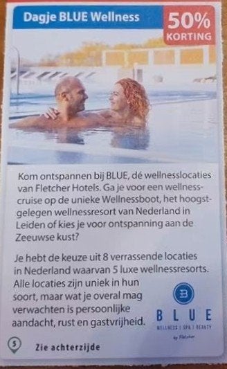 Blue Wellness dagje 50% korting, Tickets en Kaartjes, Twee personen, Kortingsbon, Spa of Sauna