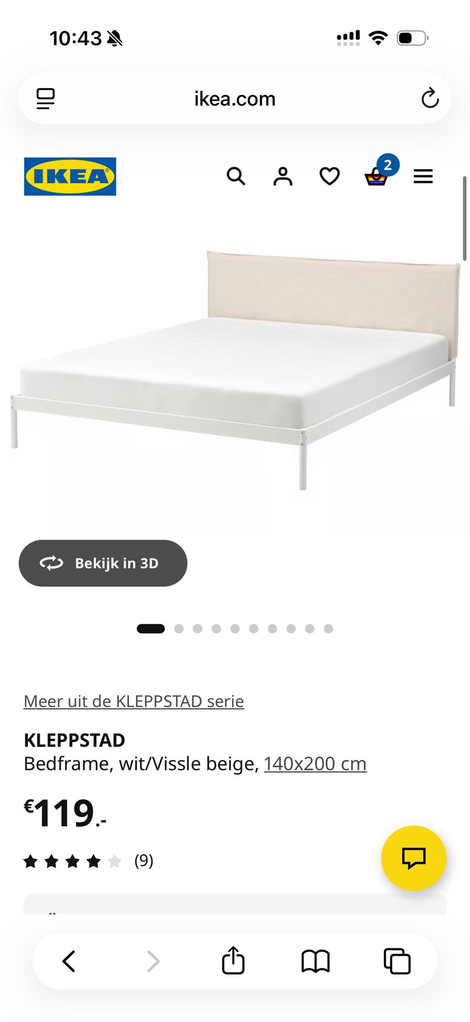 IKEA KLEPPSTAD Bedframe wit/Vissle beige 140x200 cm, Ophalen, Wit, Tweepersoons, 140 cm