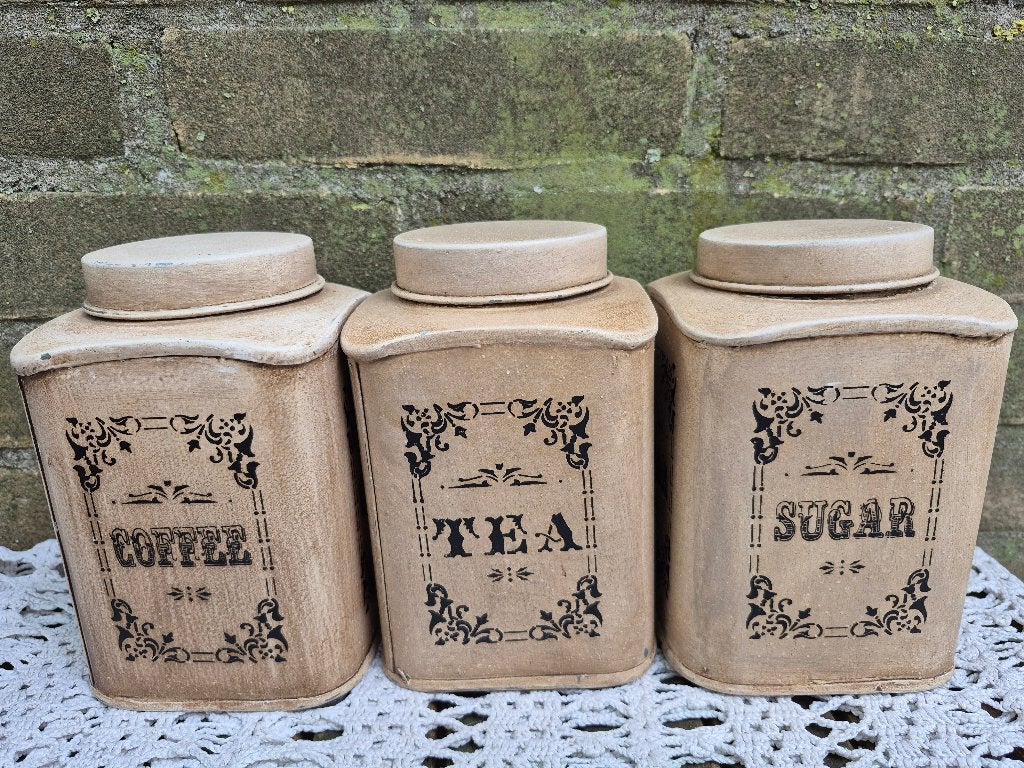 voorraadblikken set: koffie, thee, suiker, Beige, Gebruikt, Ophalen of Verzenden, Voorraadpot