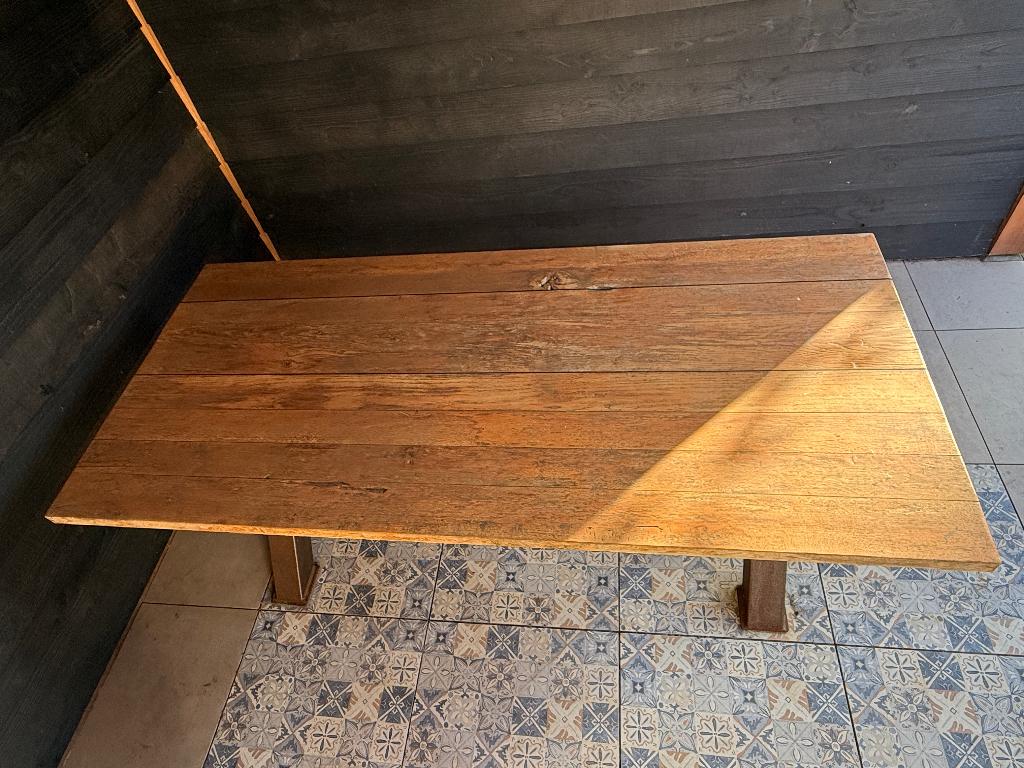 Robuuste eikenhouten eettafel met stalen X-poten - 2 meter, Huis en Inrichting, Tafels | Eettafels, Gebruikt, Eikenhout, 200 cm of meer