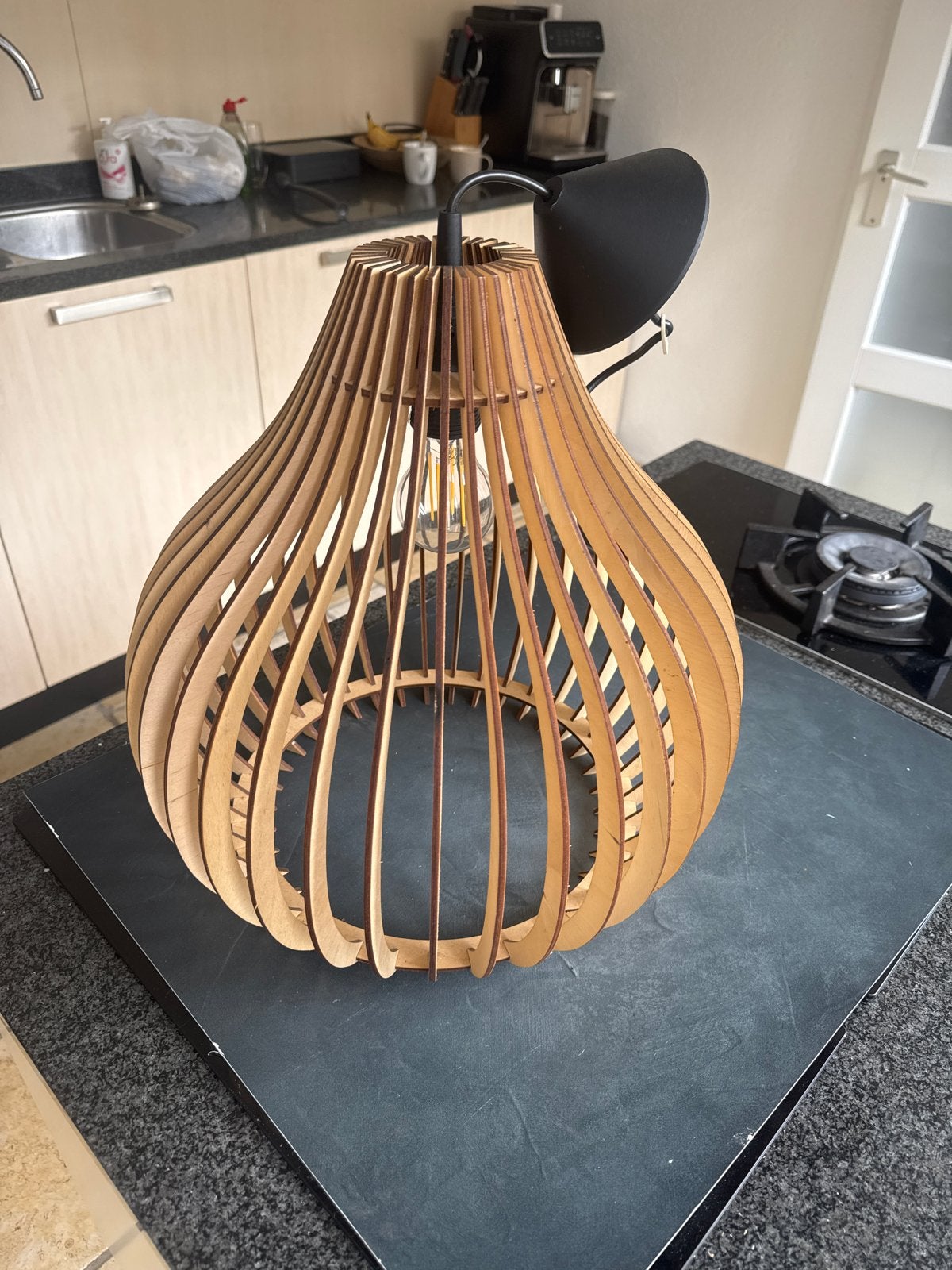 Houten hanglamp - Modern design, Ophalen of Verzenden, Zo goed als nieuw, Hout, E27 (groot)