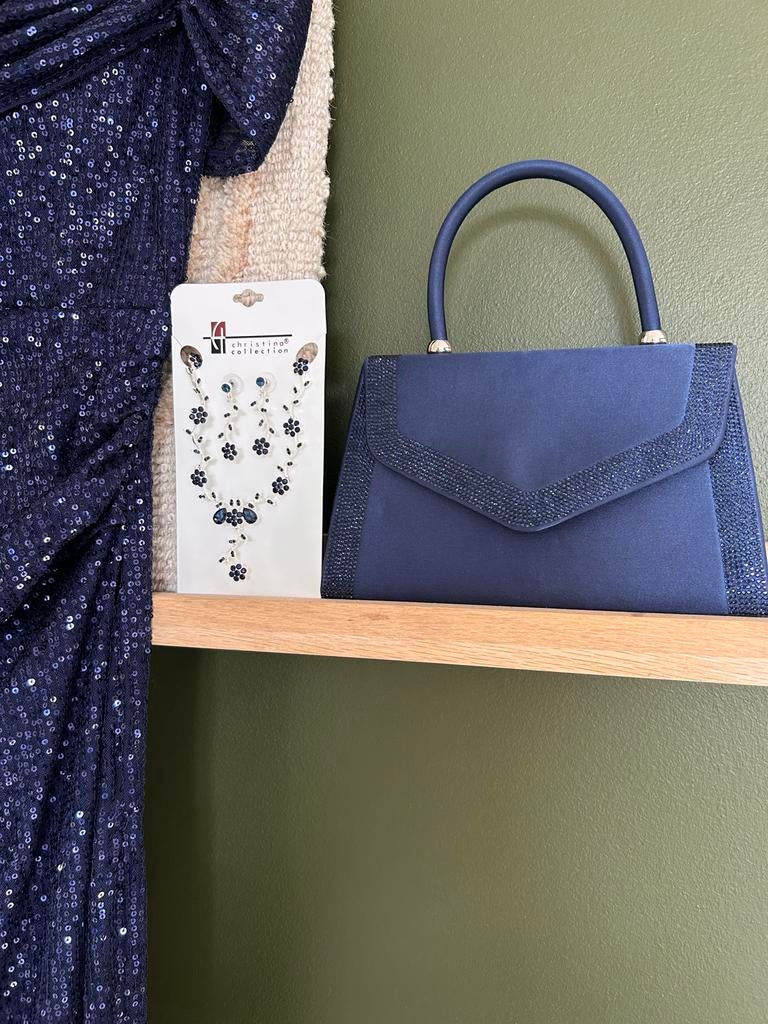 Avondtasje en sieradenset in donkerblauw, Sieraden, Tassen en Uiterlijk, Tassen | Damestassen, Ophalen of Verzenden, Zo goed als nieuw