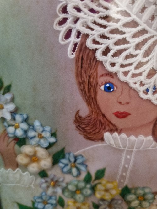 schilderij dame met bloemen papier en gehaakt, Ophalen of Verzenden, 'T Olde Gre-j, Info@toldegrej.nl, Endepoelstraat 20f Didam