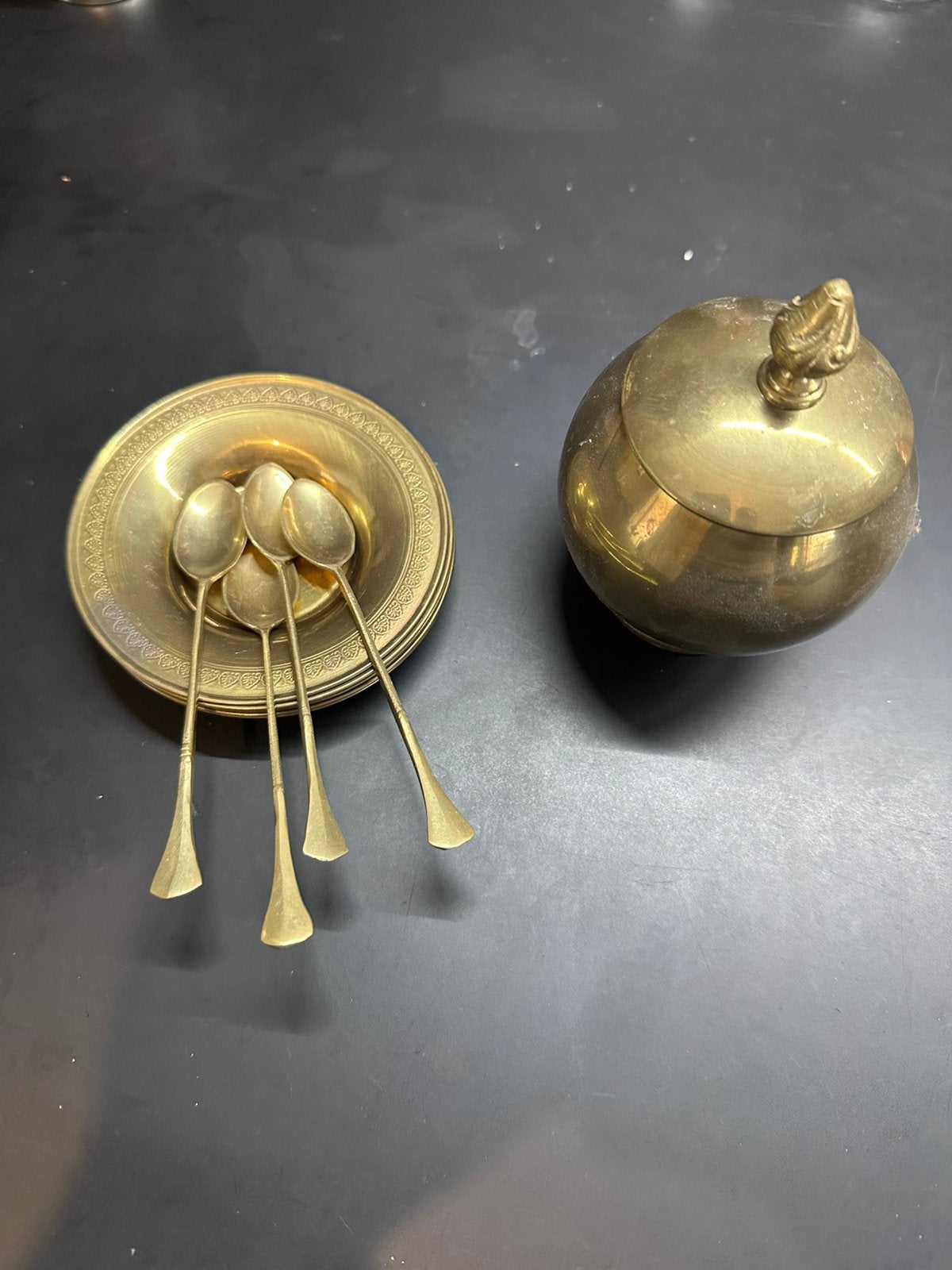Messing suikerpotje lepeltjes en schaaltjes, Ophalen of Verzenden